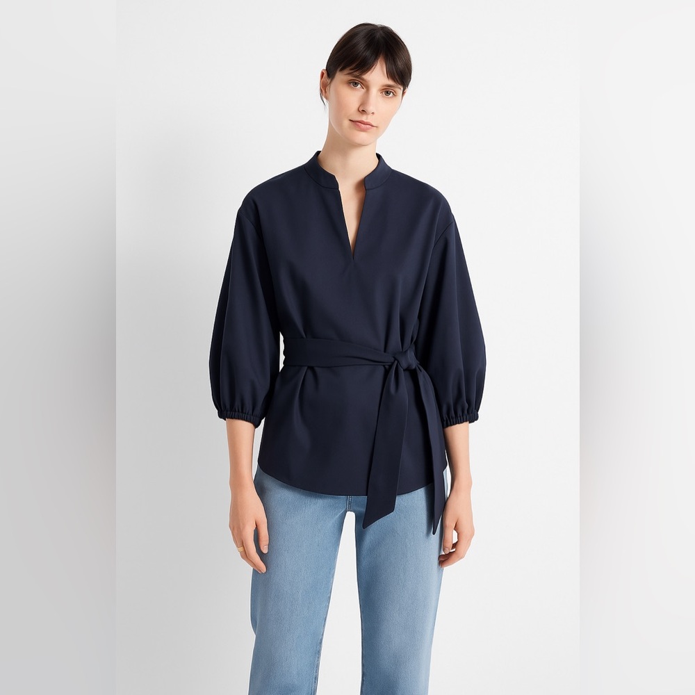 Club Monaco Navy Belted Minimalist Tunic Wrap Blouse Size XS Office Neutral
